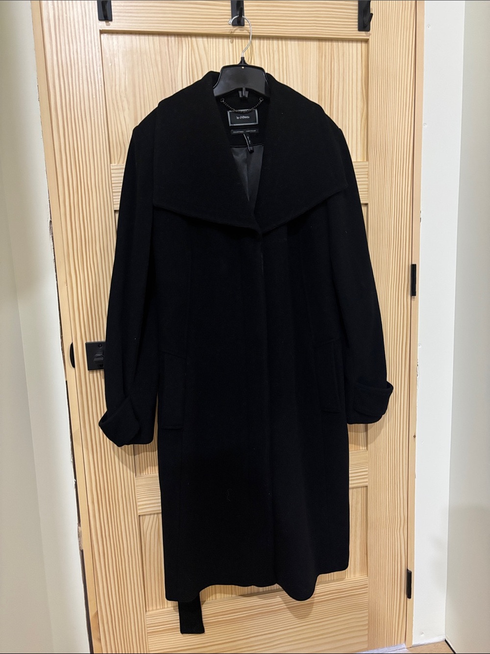 le chateau Black Long Wool-Blend Trench Coat with Shawl Collar
